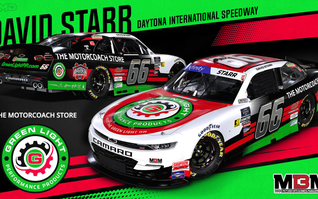 3D render of David Starr's #66 Green Light Performance Products Chevrolet Camaro to be driven in the NASCAR Xfinity Series at Daytona. Livery and graphic produced by SMD Racing.